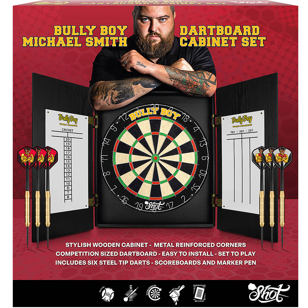 Shot-Michael-Smith-Bully-Boy-Dartboard-Cabinet-Set-Verpackung Shot - Michael Smith Dartboard Cabinet Set