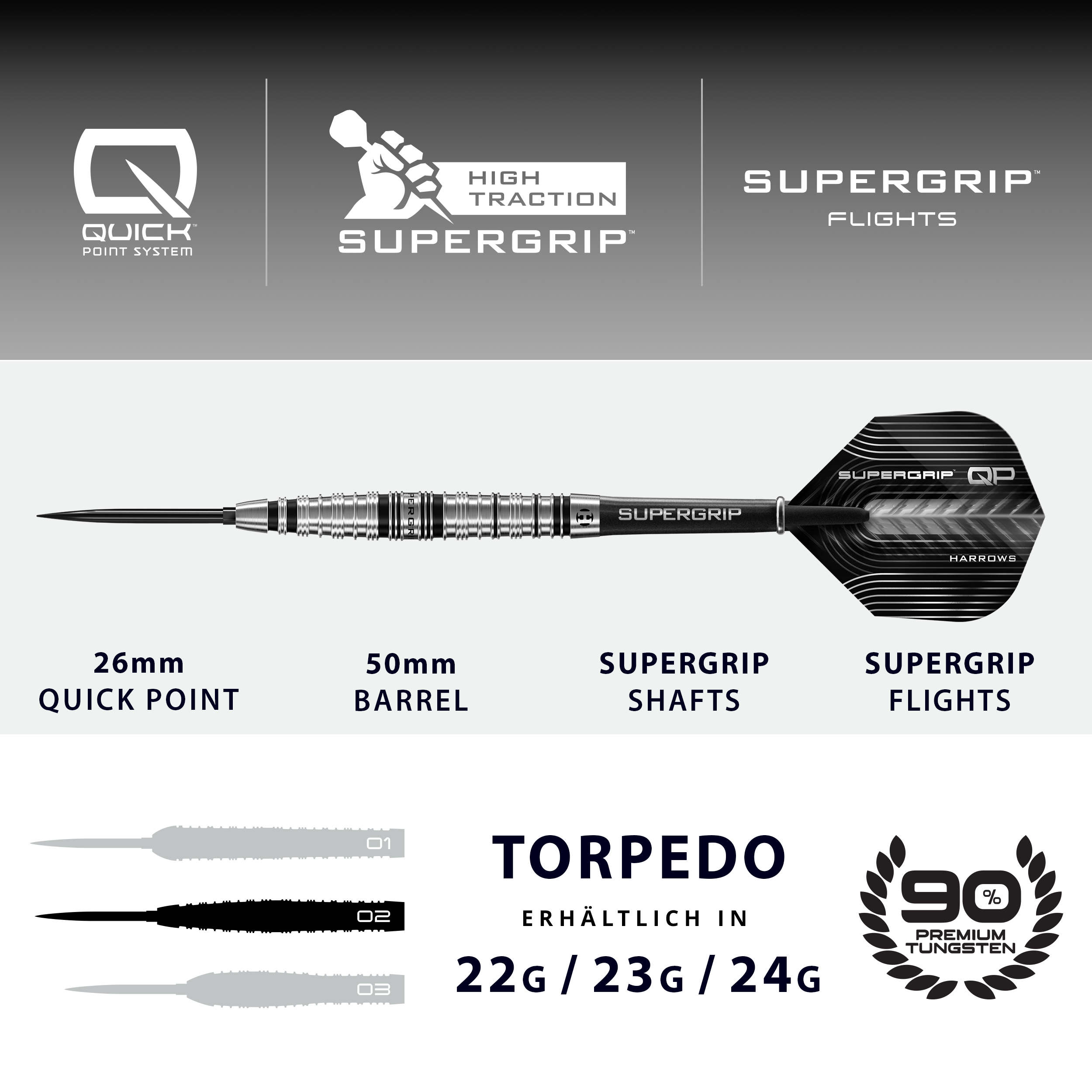 Harrows - Quick Point - Supergrip Torpedo - Steeldart