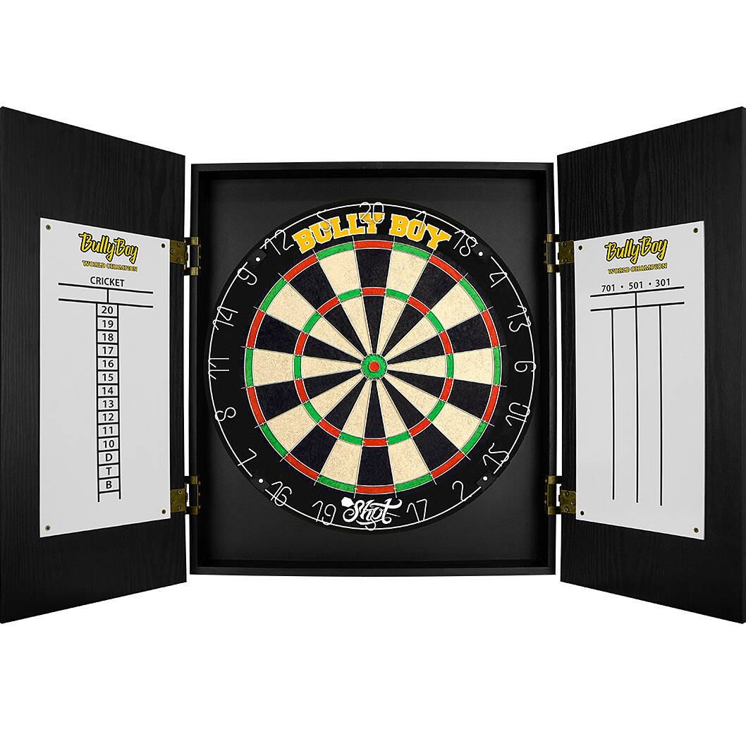 Shot-Michael-Smith-Bully-Boy-Dartboard-Cabinet-Set-offen Shot - Michael Smith Dartboard Cabinet Set